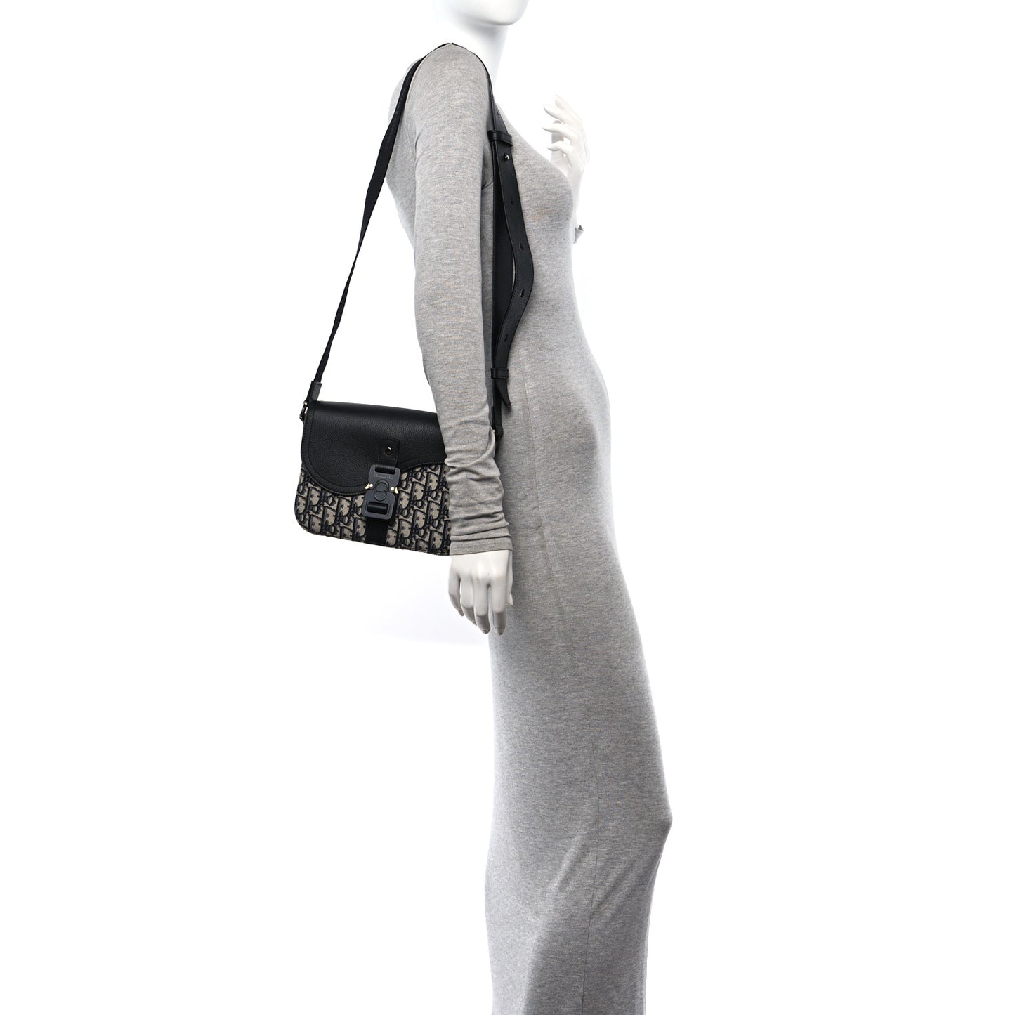 Oblique Jacquard Grained Calfskin Small Saddle Messenger Bag Beige Black