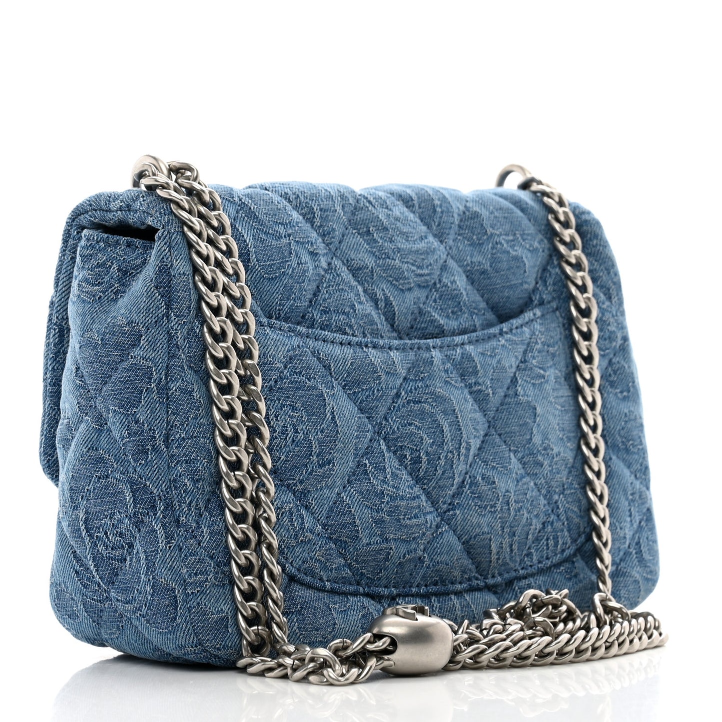 Denim Quilted Camellia Sweetheart Mini Flap Blue