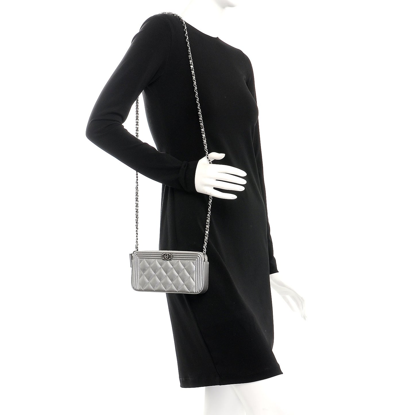 Metallic Caviar Quilted Small Boy Clutch With Chain Silver