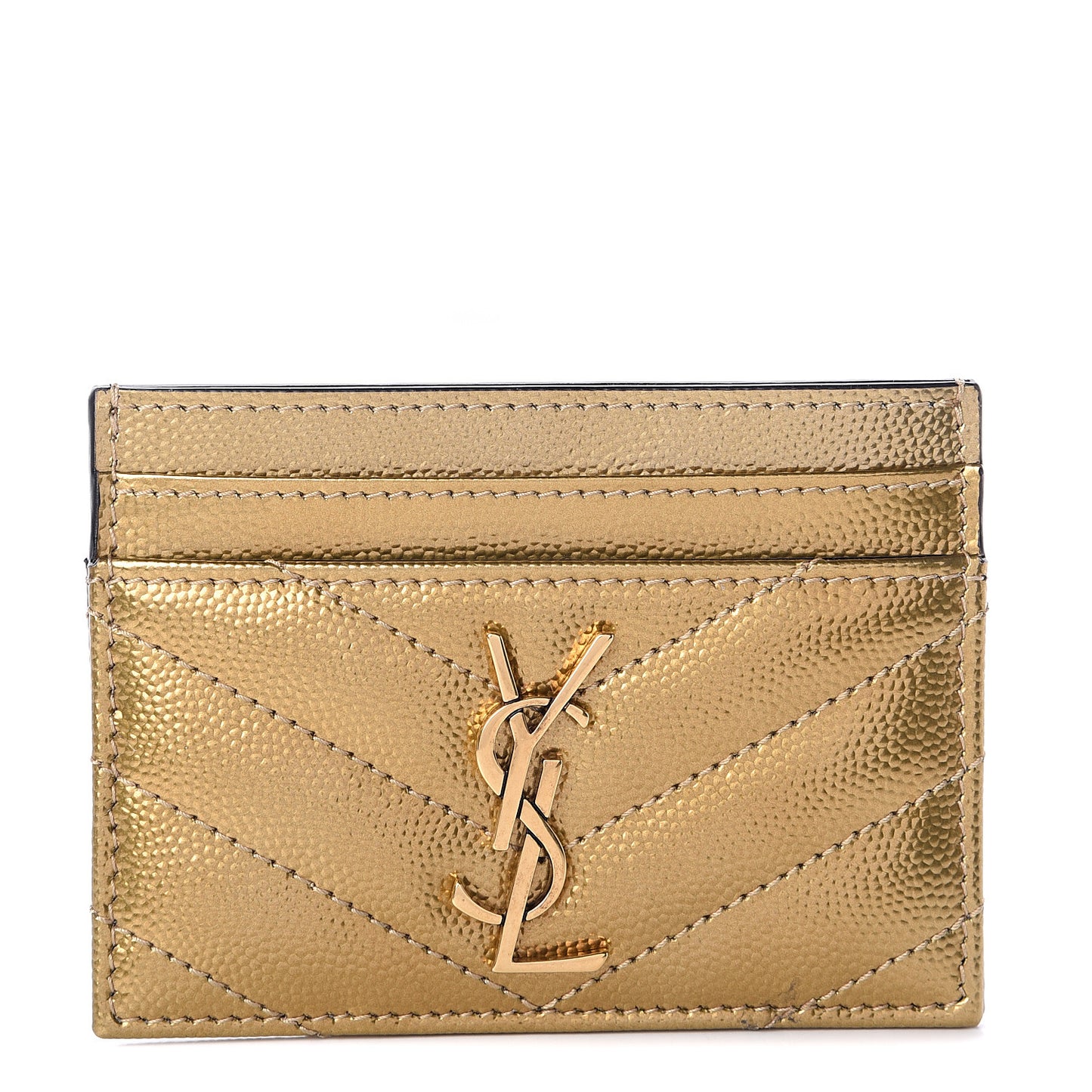 Metallic Grain De Poudre Matelasse Chevron Monogram Credit Card Case Gold