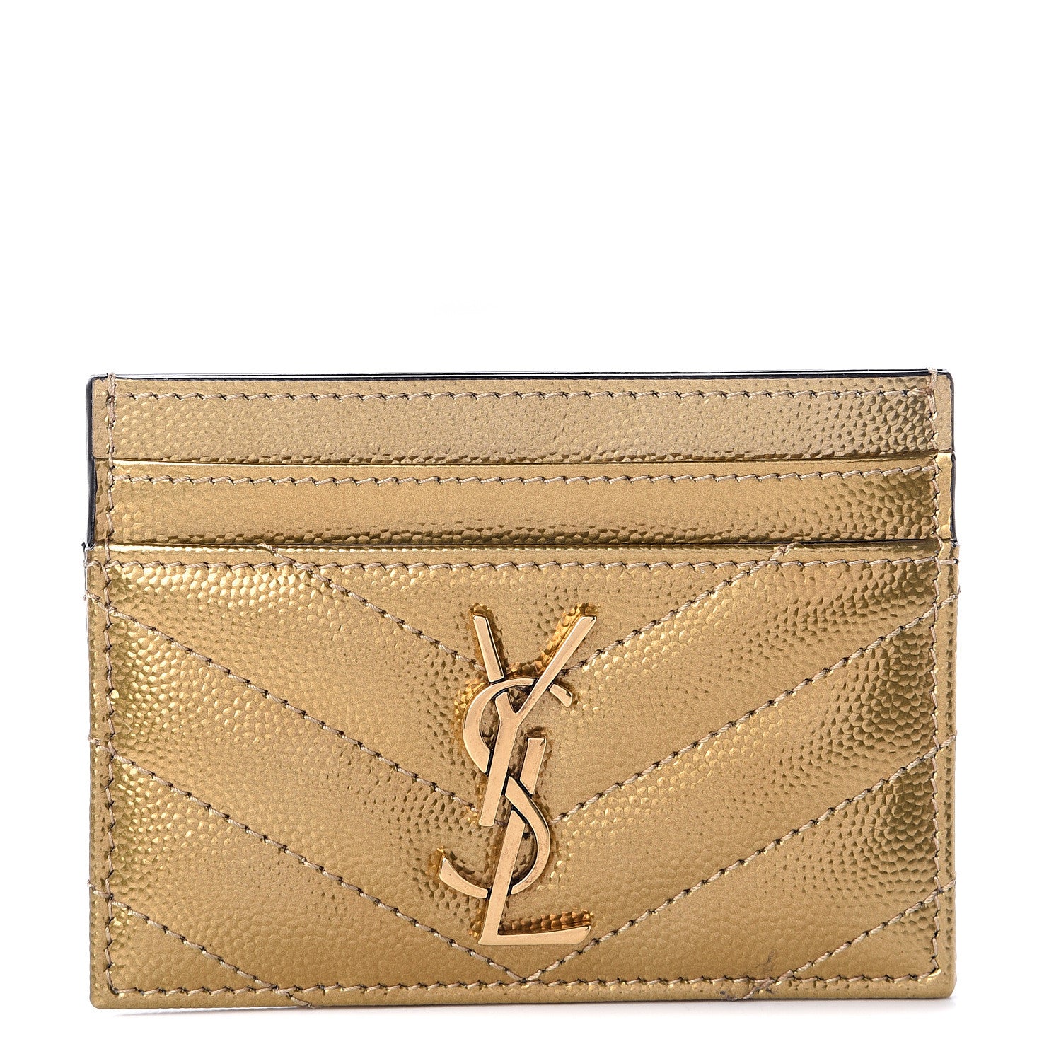 Saint Laurent Metallic Grain De Poudre Matelasse Chevron Monogram Credit Card Case Gold 1 of 6