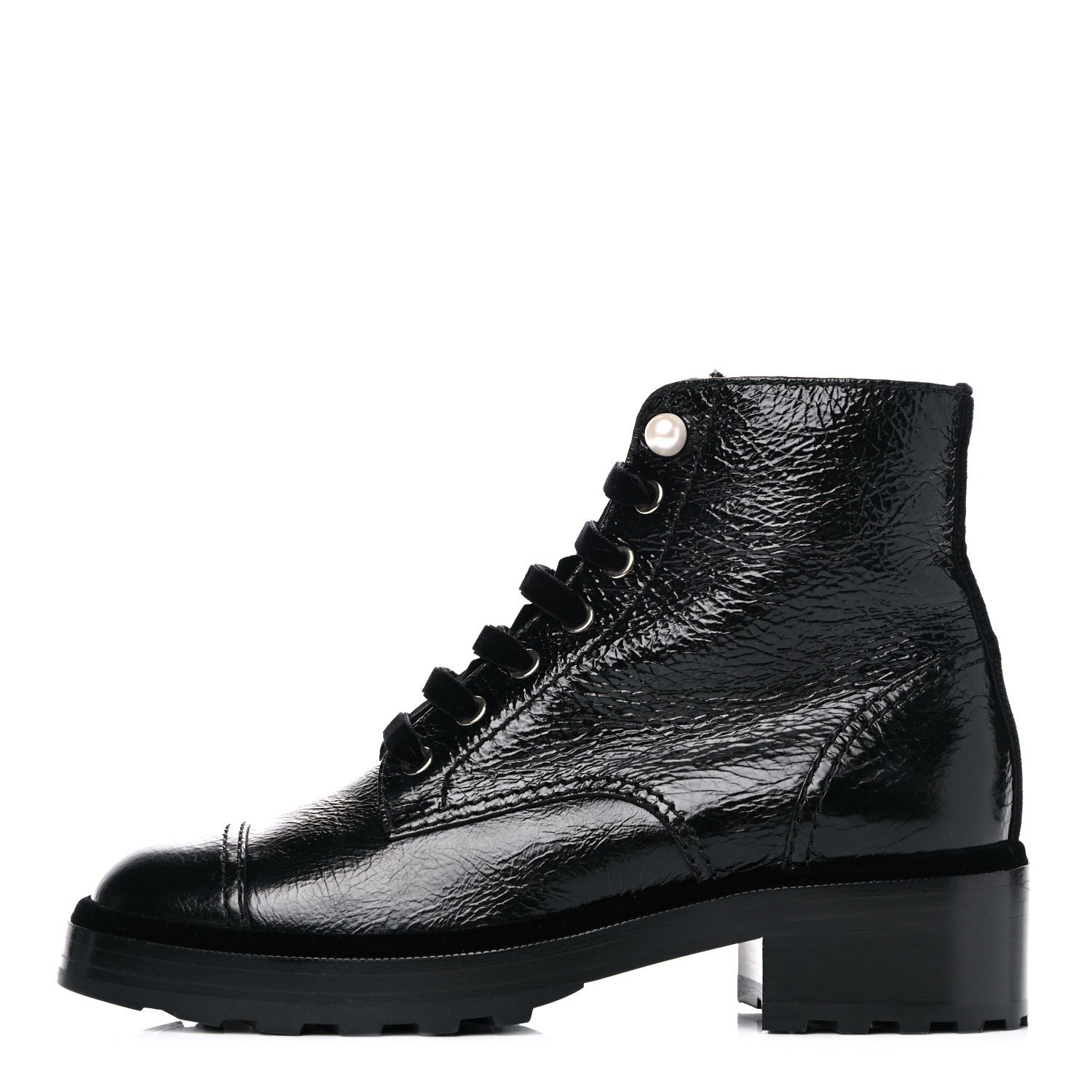 Chanel Calfskin Velvet Pearl Combat Short Boots 39 Black 1 of 9