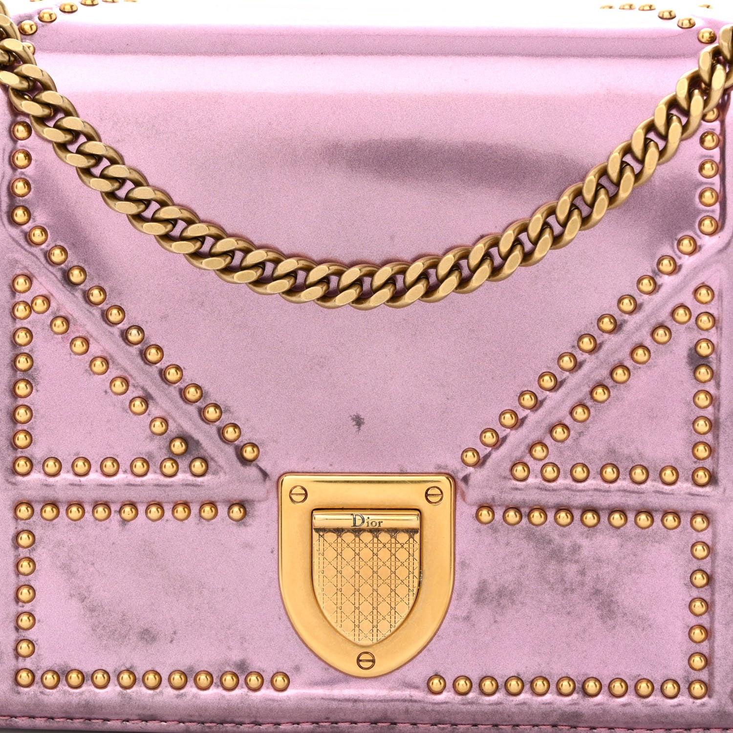 Christian Dior Metallic Patent Studded Diorama Wallet on Chain Pouch Pink 8 of 13