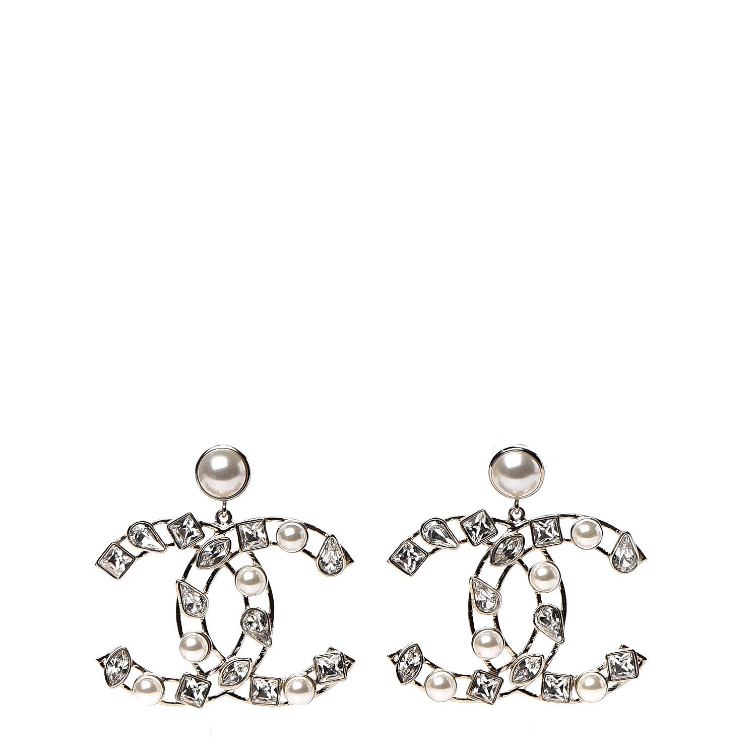 Chanel Metal Glass Pearl CC Crystal Snowfall CC Drop Earrings Light Gold 1 of 6