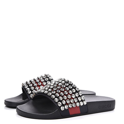 Gucci Calfskin Crystal Embellished Web Slide Sandals 36 Blue Red 4 of 8