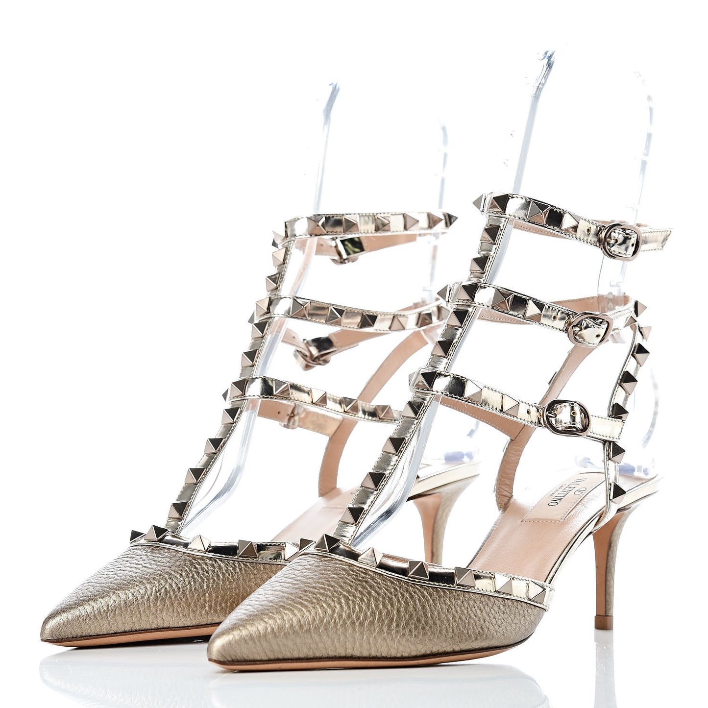 Metallic Pebbled Calfskin Patent Rockstud Ankle Strap 65mm Pumps 37.5 Skin