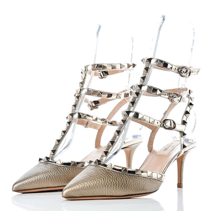 Valentino Garavani Metallic Pebbled Calfskin Patent Rockstud Ankle Strap 65mm Pumps 37.5 Skin 3 of 9