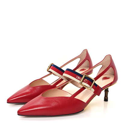 Gucci Malaga Kid Grosgrain Sylvie Web Bamboo Low Heel Pumps 38 Hibiscus Red 3 of 8