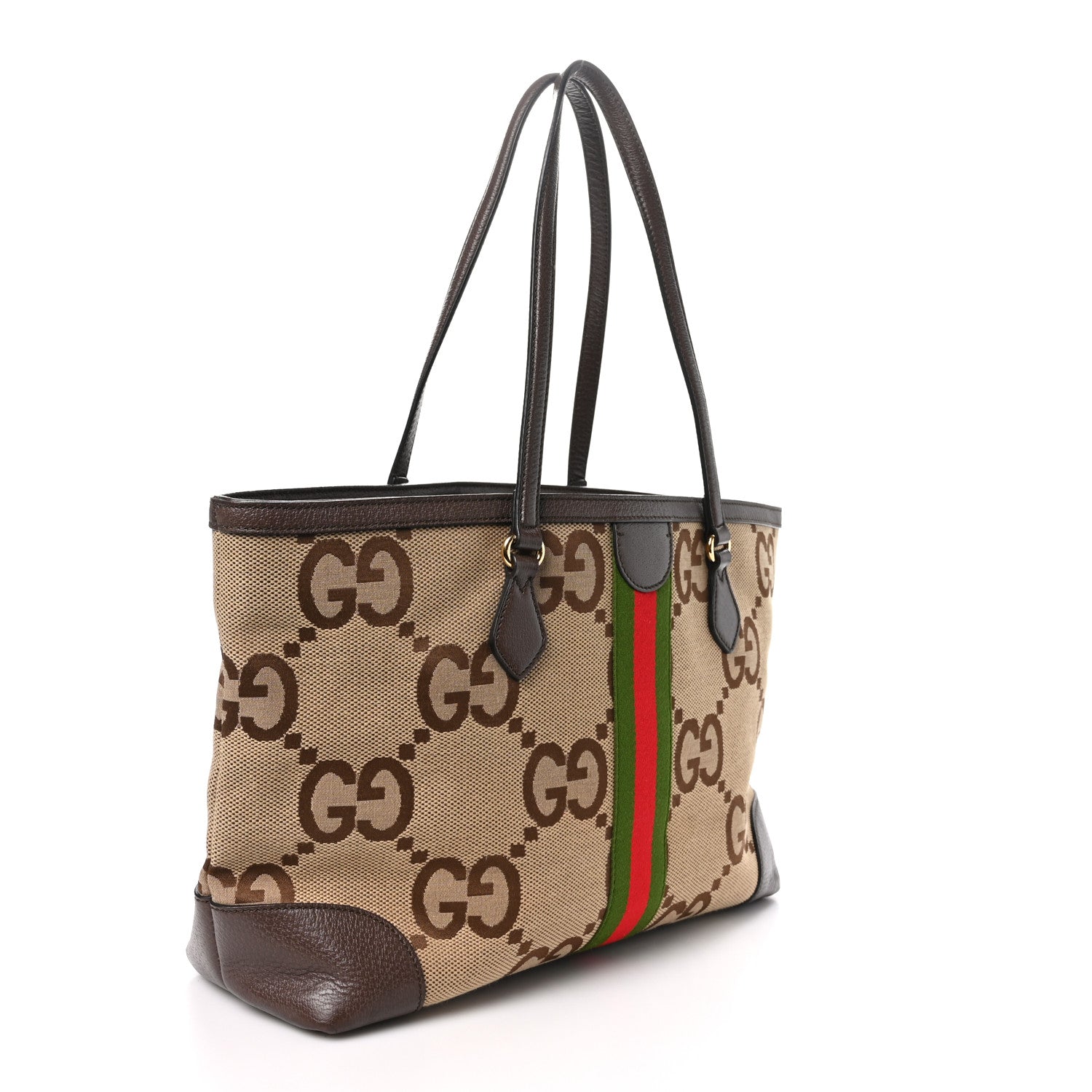 Gucci Monogram Jumbo GG Textured Dollar Calfskin Web Medium Ophidia Shopping Tote Camel Ebony 3 of 10