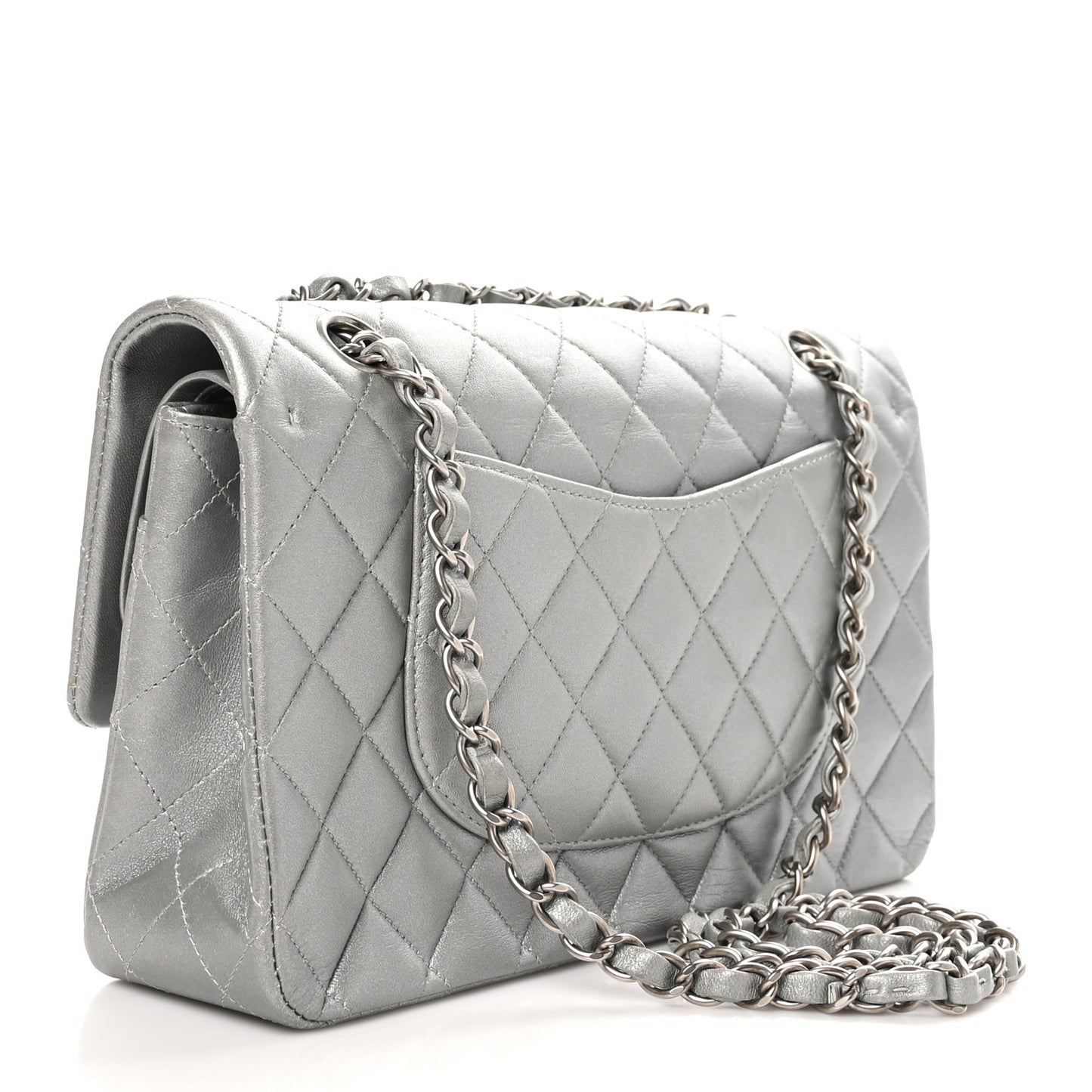 Metallic Lambskin Quilted Medium Double Flap Silver