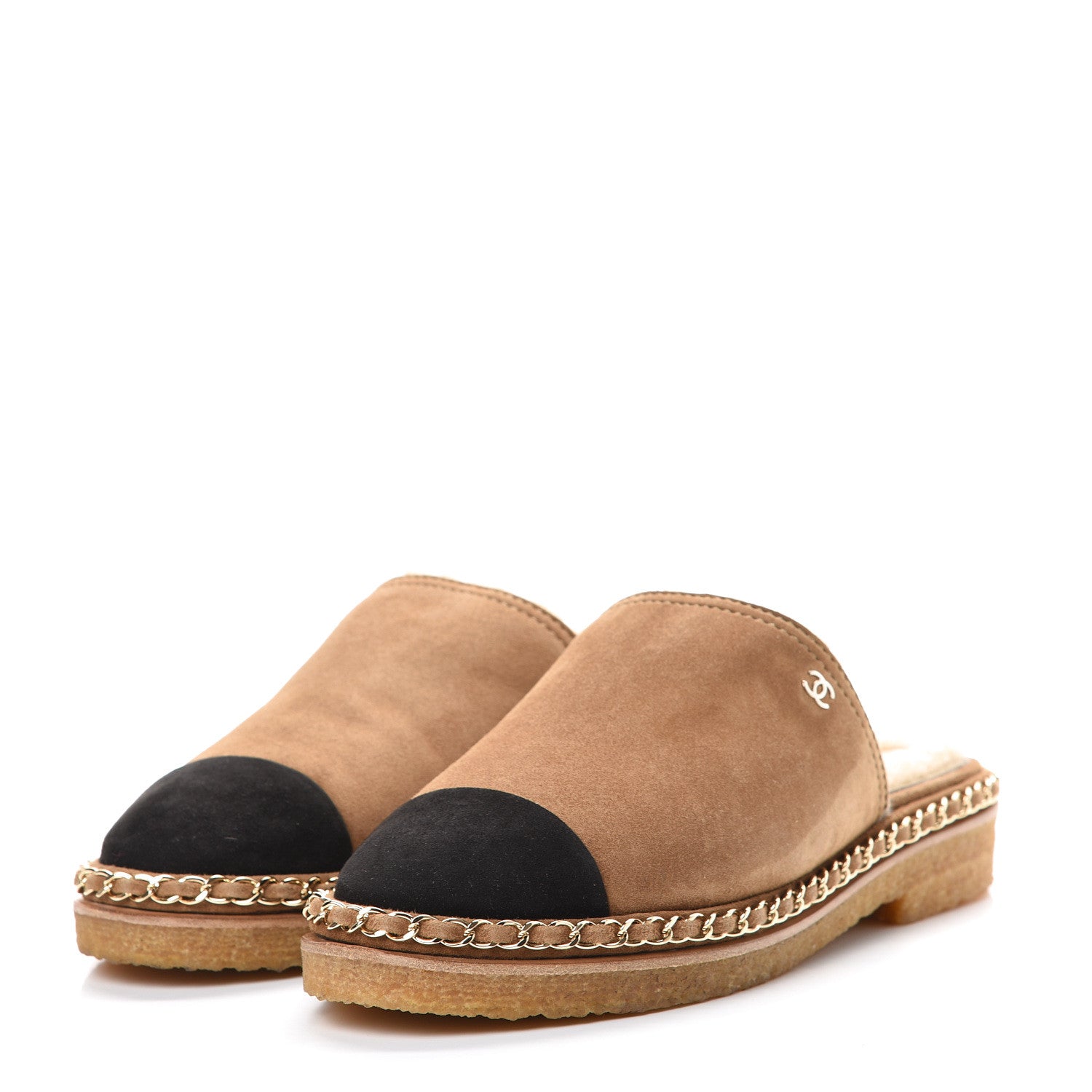 Chanel Kid Suede Shearling CC Chain Mules 37.5 Light Brown Black 3 of 8