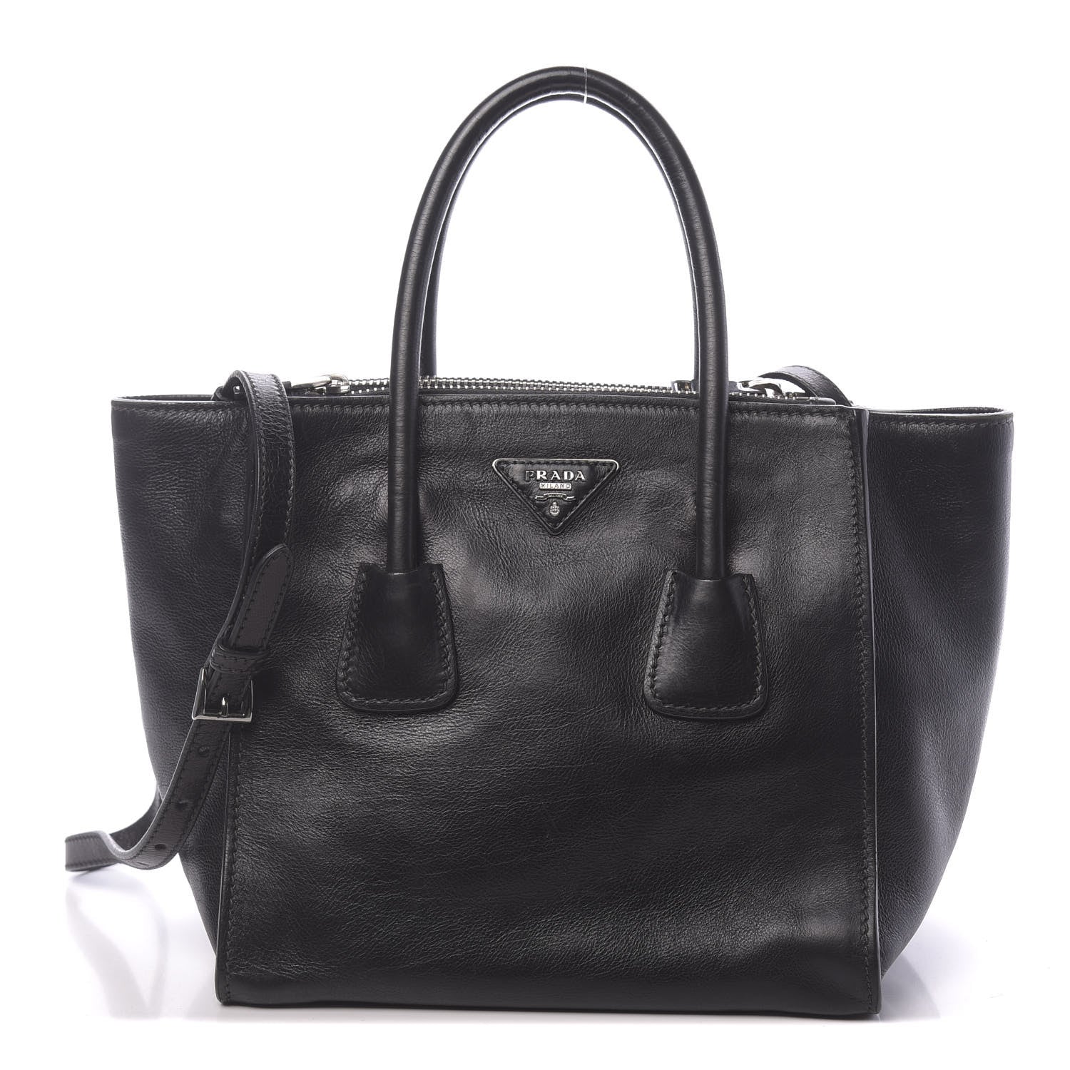 Prada Glace Calf Small Twin Pocket Tote Black 1 of 10