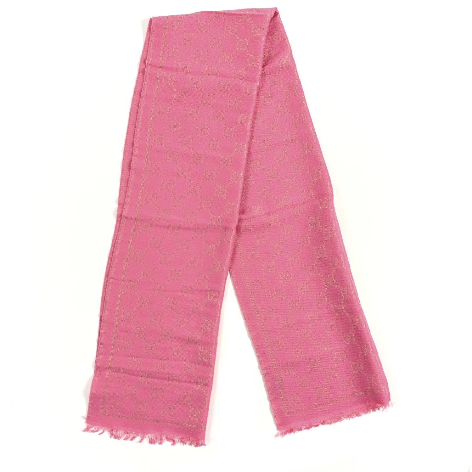 Gucci Wool Silk Lurex GG Monogram Bright G Fringe Scarf Fuxia 2 of 3