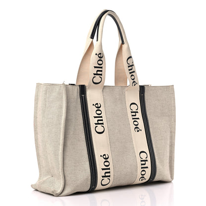 Chloe Cotton Calfskin Large Woody Ribbon Tote White Black 3 of 14