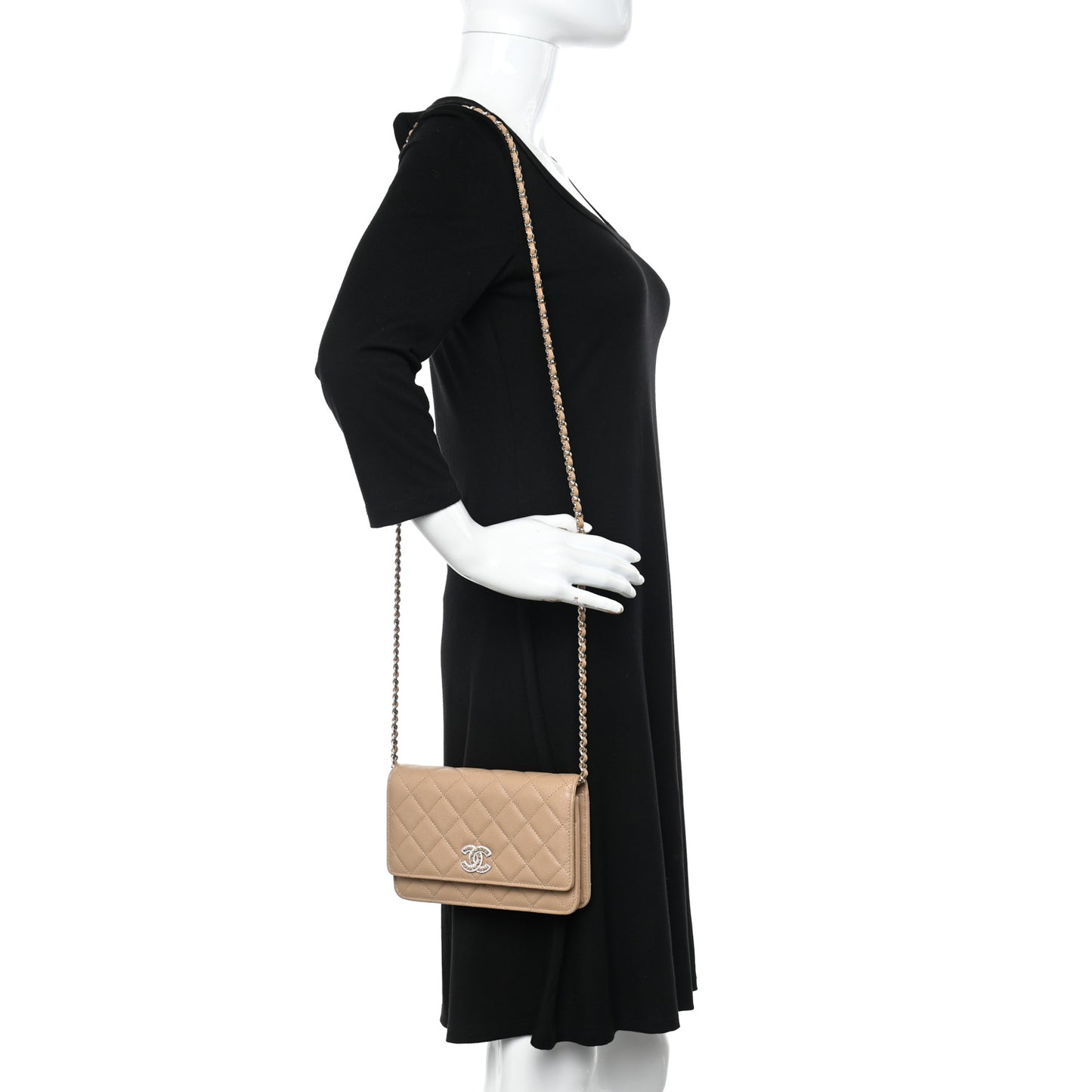 Caviar Quilted Crystal CC Wallet On Chain WOC Beige