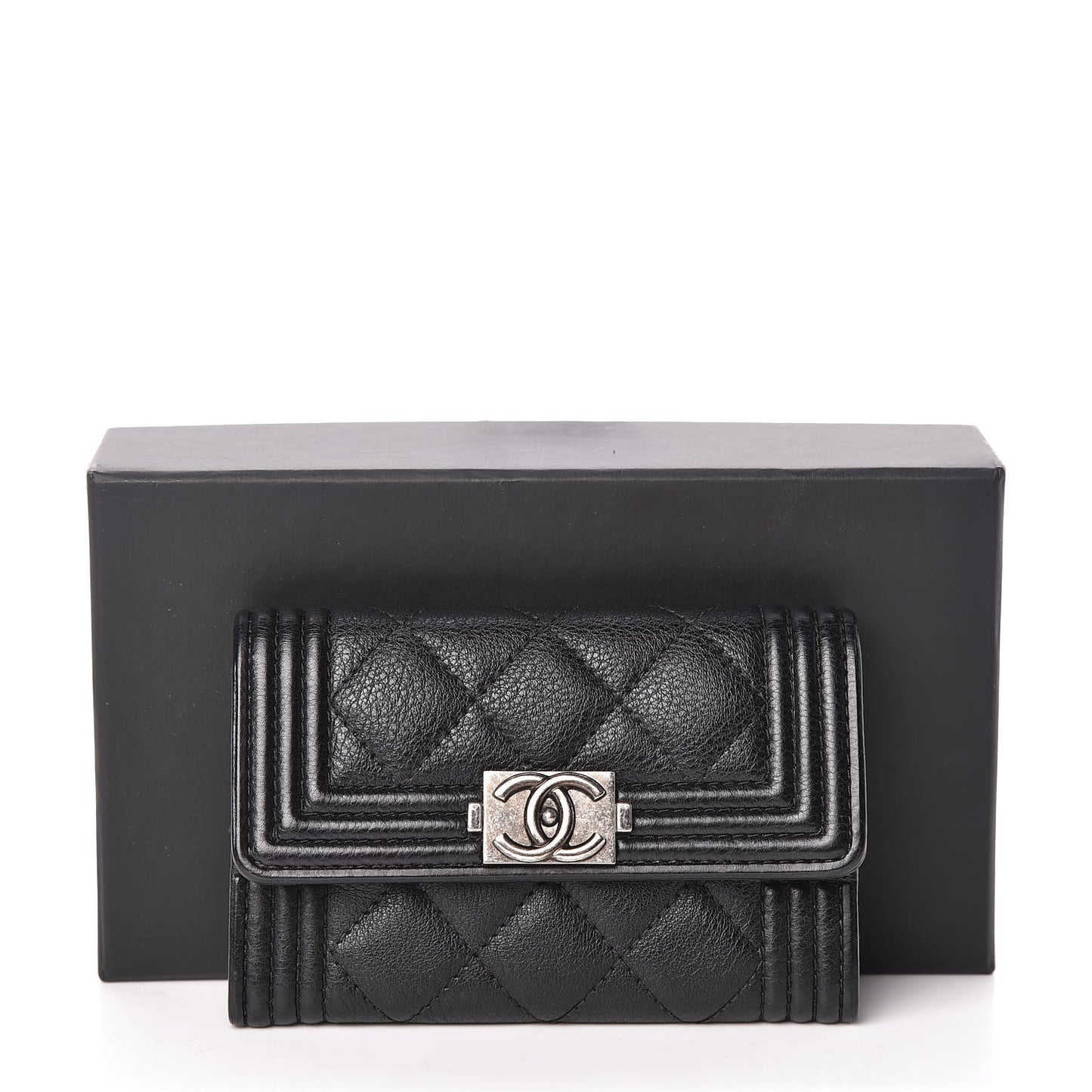 Calfskin Quilted Boy Flap Card Holder Black