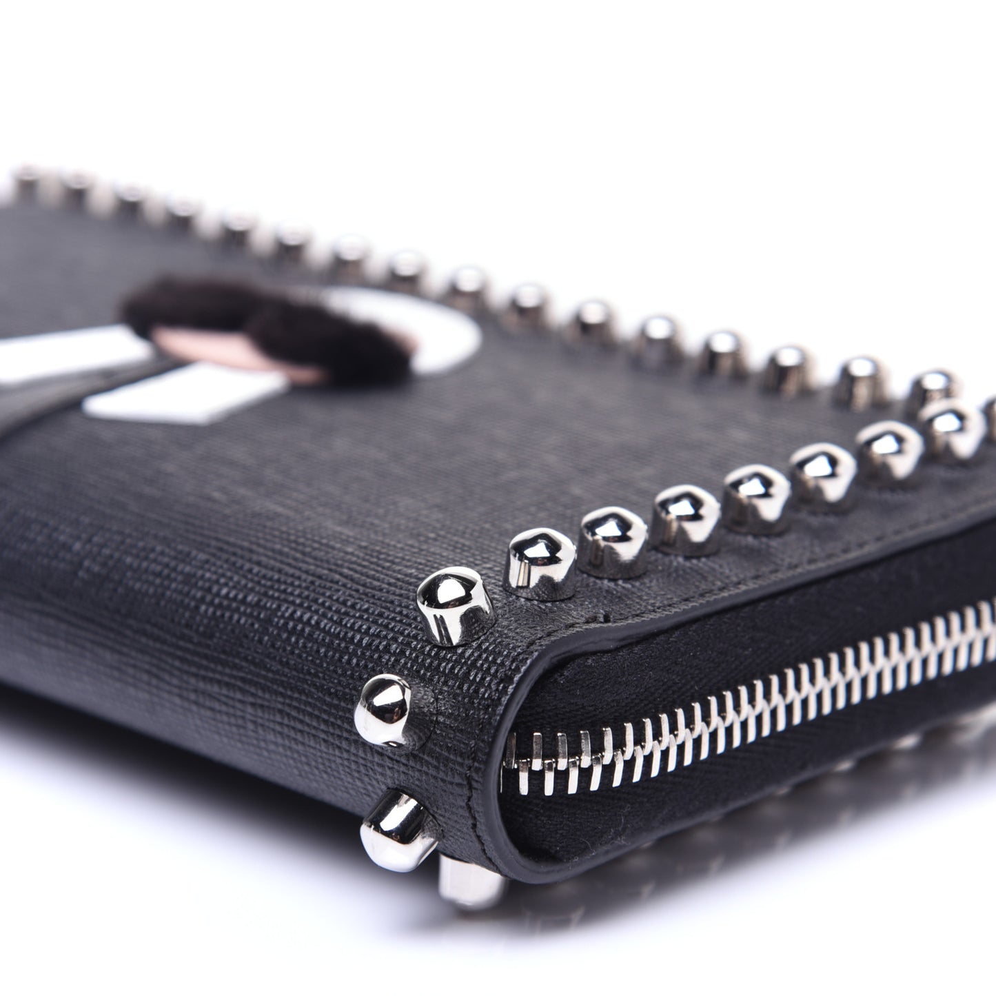 Vitello Elite Mink Fur Studded Karlito Zip Around Wallet Black