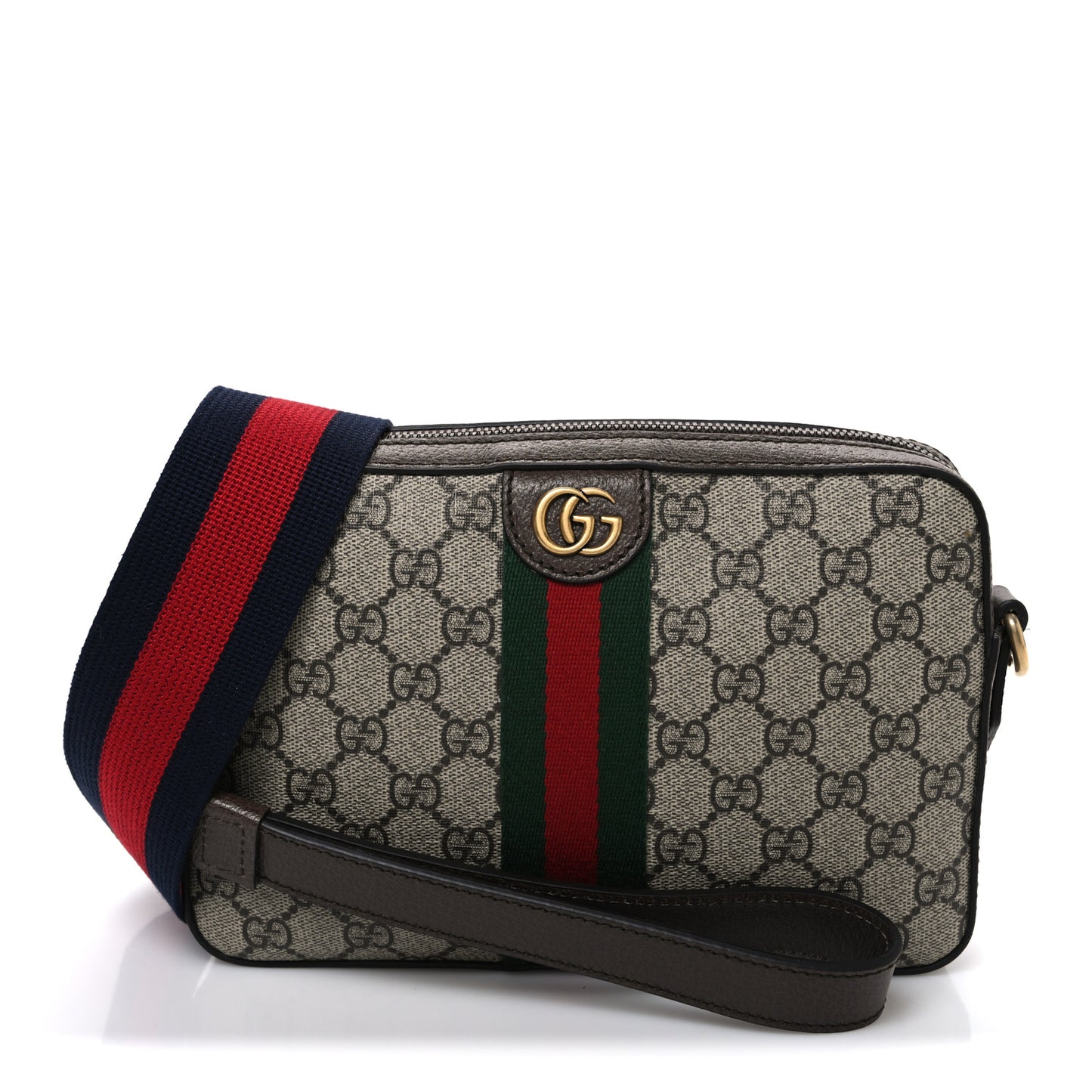GG Supreme Monogram Textured Dollar Calfskin Web Ophidia Wristlet Shoulder Bag Beige Ebony New Acero