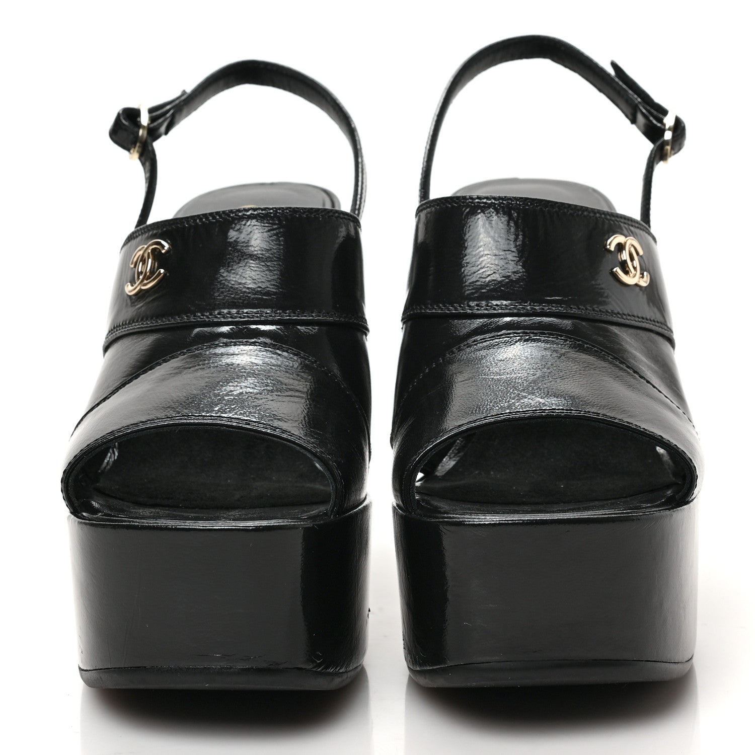 Chanel Crumpled Patent Lambskin Platform Sandals 38.5 Black 2 of 8