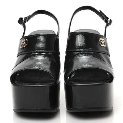 Chanel Crumpled Patent Lambskin Platform Sandals 38.5 Black 2 of 8