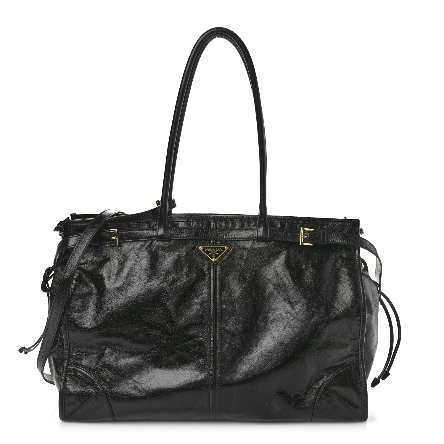 Prada Glossy Calfskin Triangle Large Bonnie Shoulder Bag Black 1 of 13