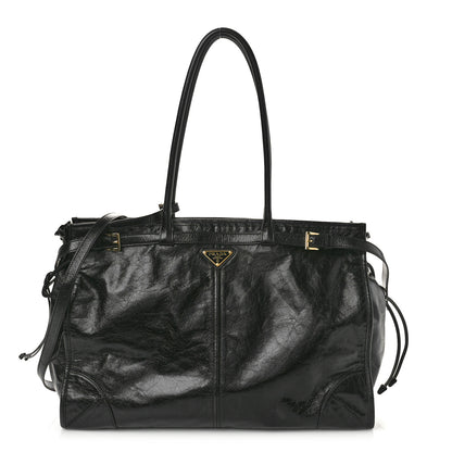 Prada Glossy Calfskin Triangle Large Bonnie Shoulder Bag Black 1 of 13