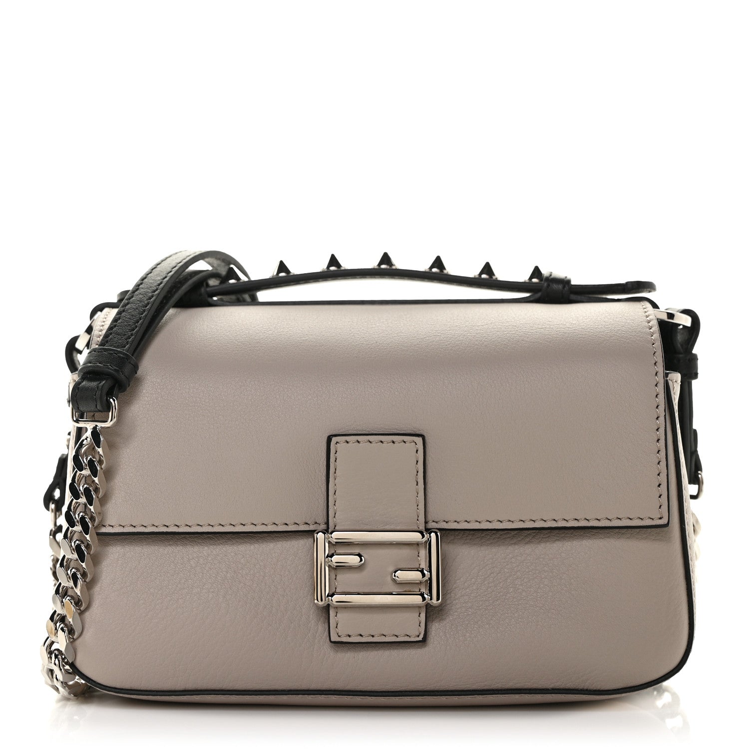 Fendi Calfskin Elaphe Crocodile Monster Studded Micro Double Baguette Black Grigio Polvere 2 of 13