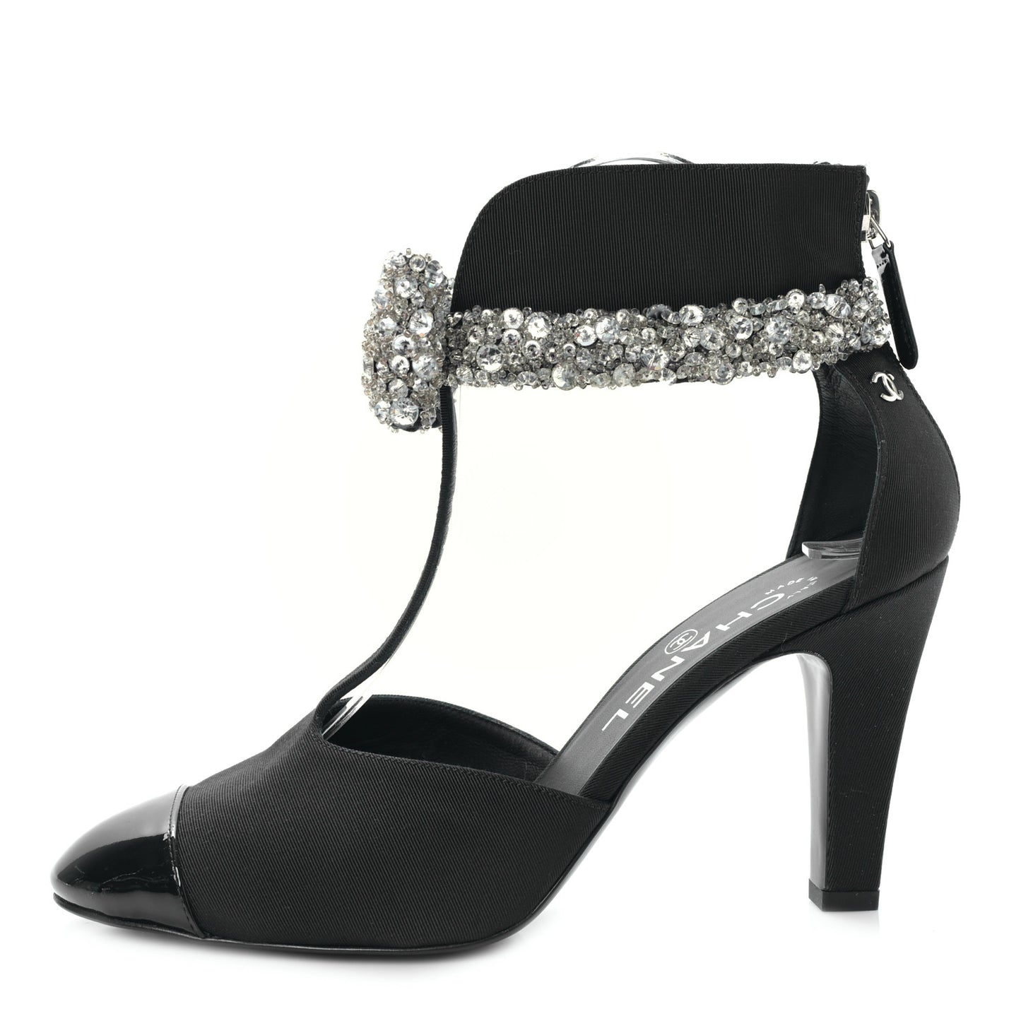 Crosgrain Patent Cap Toe Bow Crystal Pumps 37 Black