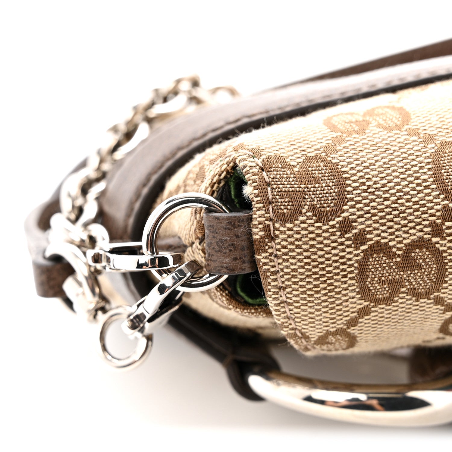 Gucci Monogram Textured Dollar Calfskin Heavy Grosgrain Web Small Maxi Horsebit Chain Shoulder Bag Beige Ebony New Acero 11 of 14