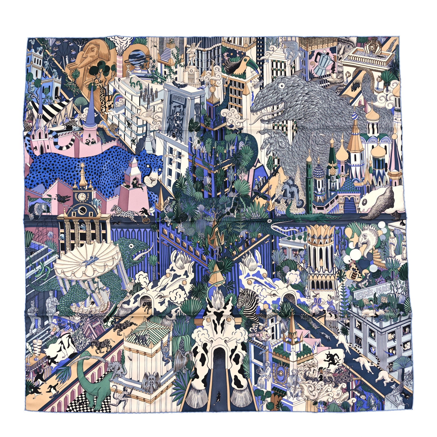 Hermes Silk Animapolis Scarf 90 Bleu Gris Vieux Rose 1 of 3