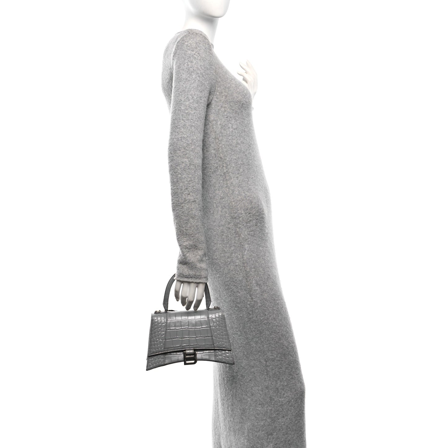 Shiny Calfskin Crocodile Embossed Small Hourglass Top Handle Bag Balenciaga Grey