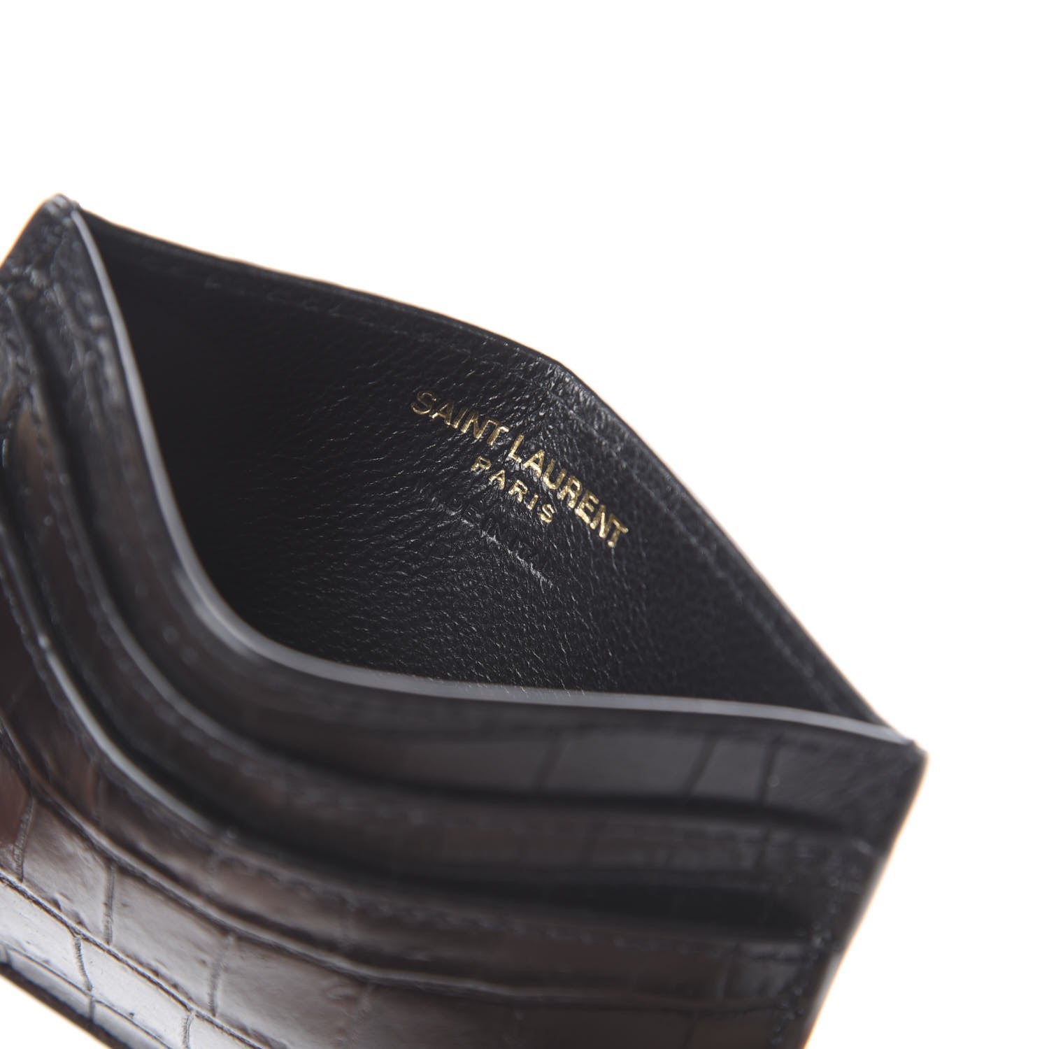 Saint Laurent Calfskin Crocodile Embossed Monogram Tiny Cassandra Credit Card Case Black 5 of 6