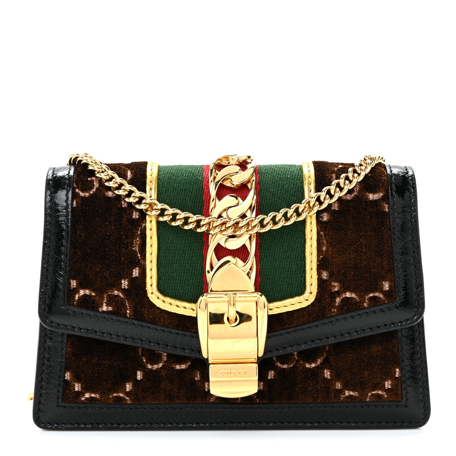 Gucci Velvet GG Monogram Web Super Mini Sylvie Chain Shoulder Bag Brown Black Oro Vecchio 1 of 10