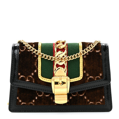 Gucci Velvet GG Monogram Web Super Mini Sylvie Chain Shoulder Bag Brown Black Oro Vecchio 1 of 10