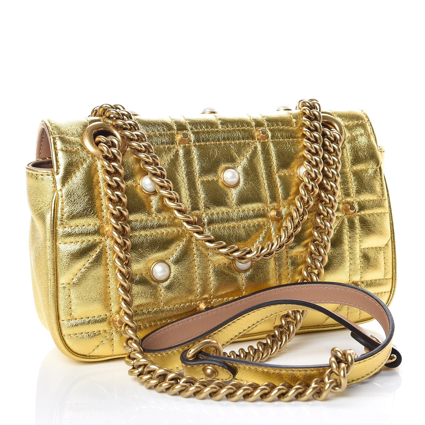 Metallic Calfskin Matelasse Studded Mini Pearly GG Marmont Shoulder Bag Gold