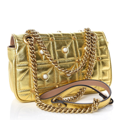 Gucci Metallic Calfskin Matelasse Studded Mini Pearly GG Marmont Shoulder Bag Gold 3 of 8