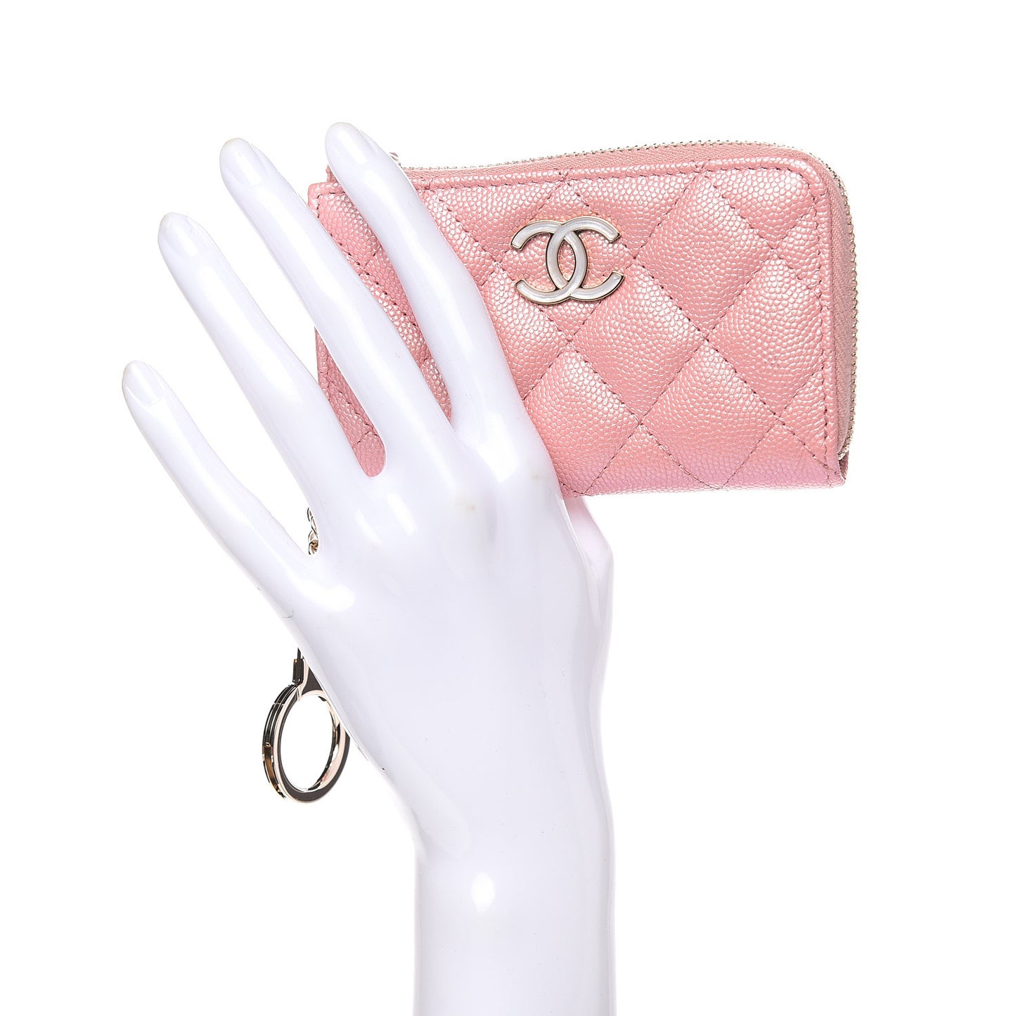 Iridescent Caviar Quilted Zipped Key Holder Case Rose Pink