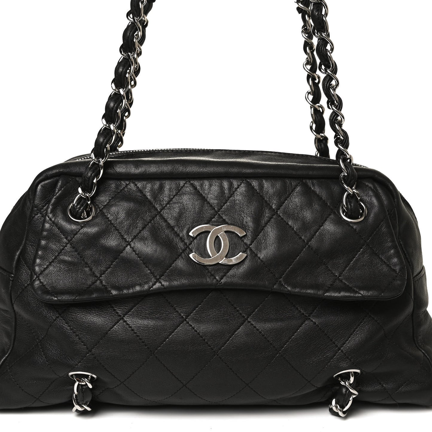 Lambskin Quilted Medium Chain Around Tote Black