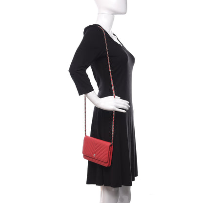 Chanel Caviar Chevron Quilted Wallet On Chain WOC Red 2 of 13