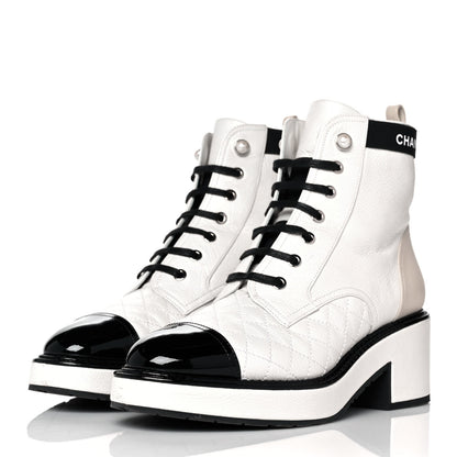 Chanel Pearly Calfskin Patent Calfskin Quilted Lace Up Boots 40 White Light Gray Black 3 of 8
