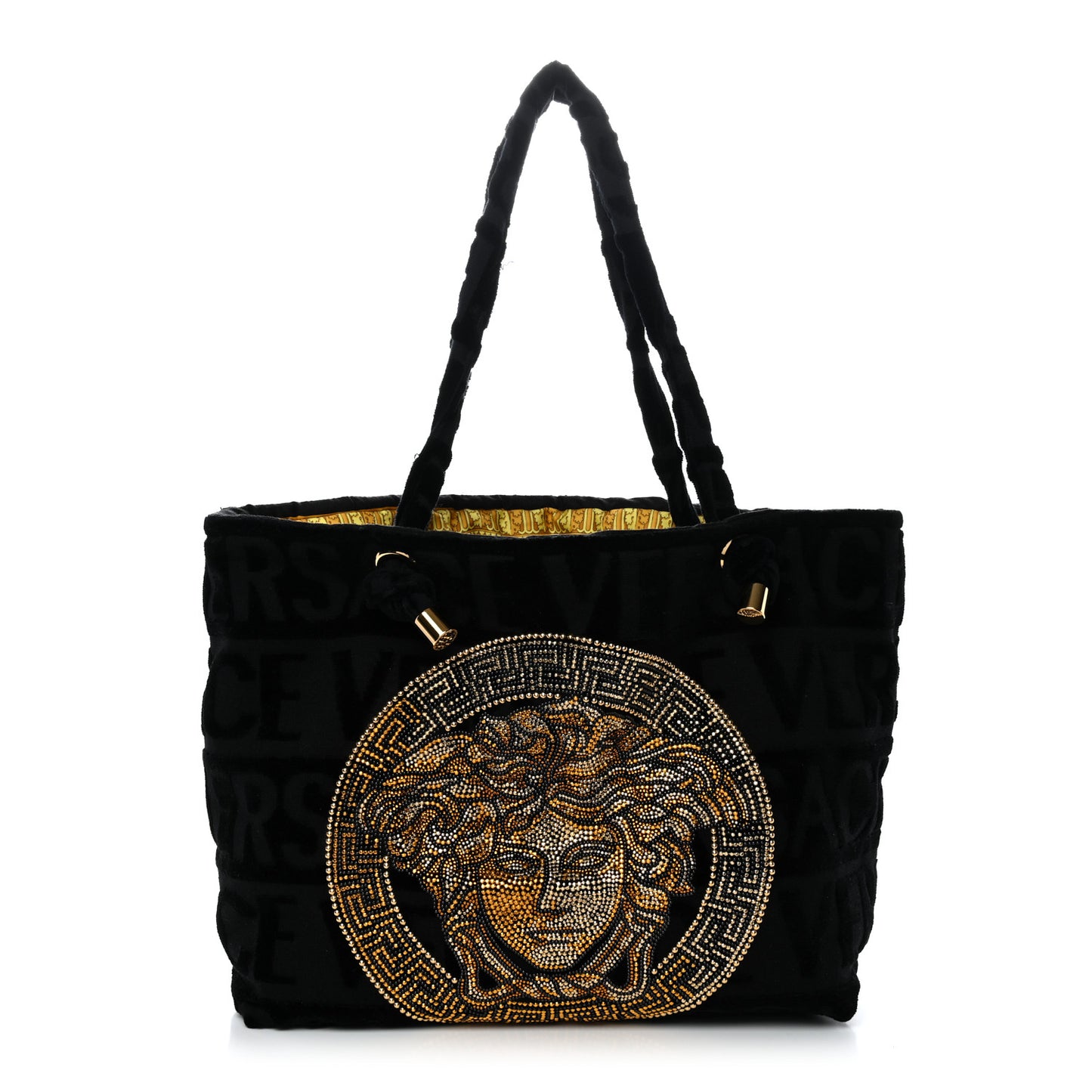 Terry Cloth Allover Crystal Studded Medusa Tote Black