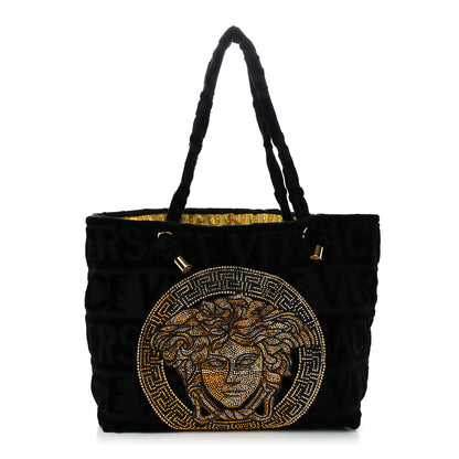 Versace Terry Cloth Allover Crystal Studded Medusa Tote Black 1 of 12