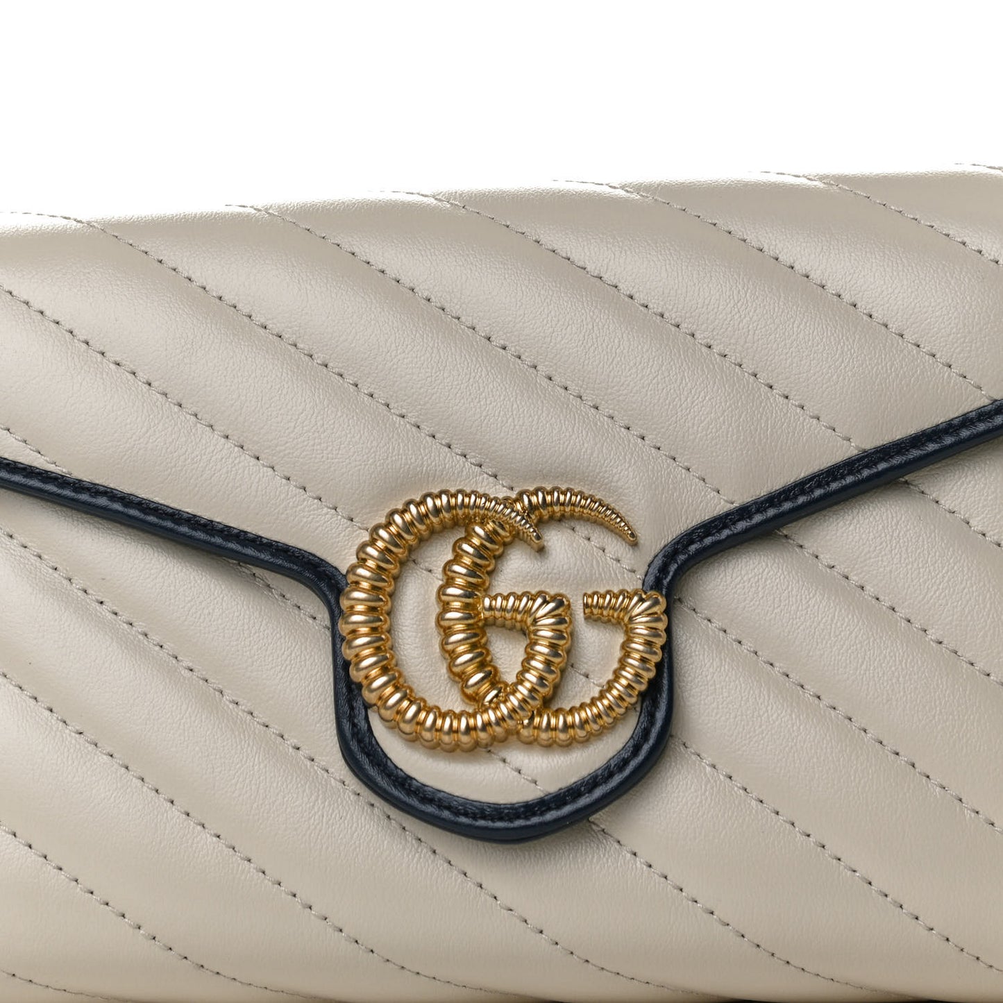 Vintage Effect Calfskin Matelasse Diagonal Torchon GG Marmont Chain Wallet Mystic White Blue Agata