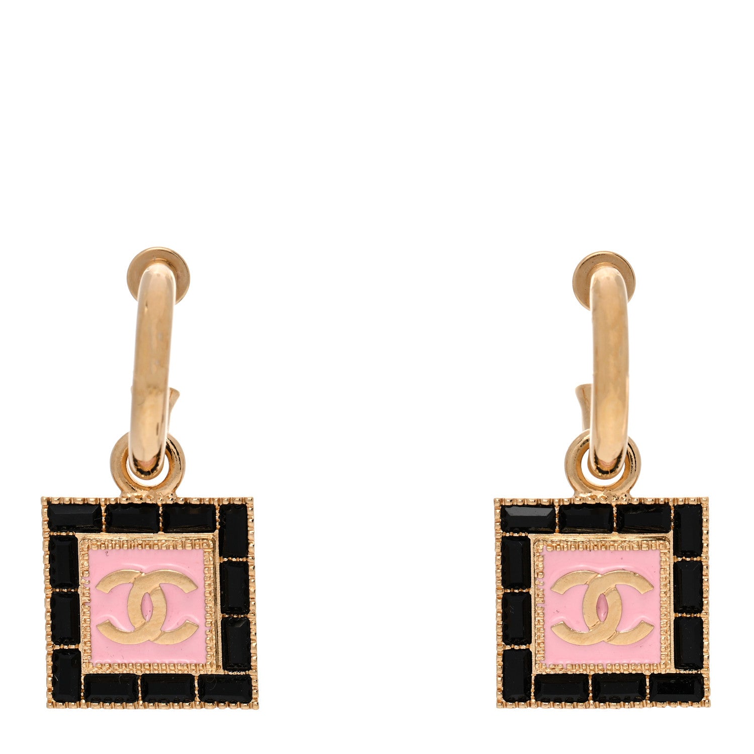Chanel Metal Enamel CC Square Drop Earrings Gold Black Pink 1 of 5