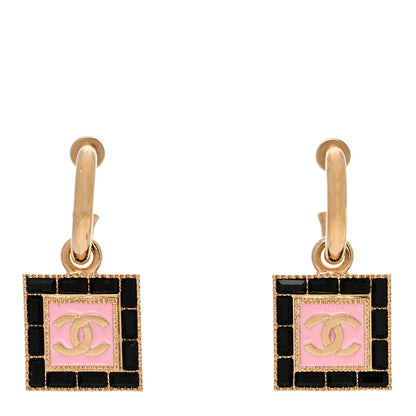 Chanel Metal Enamel CC Square Drop Earrings Gold Black Pink 1 of 5