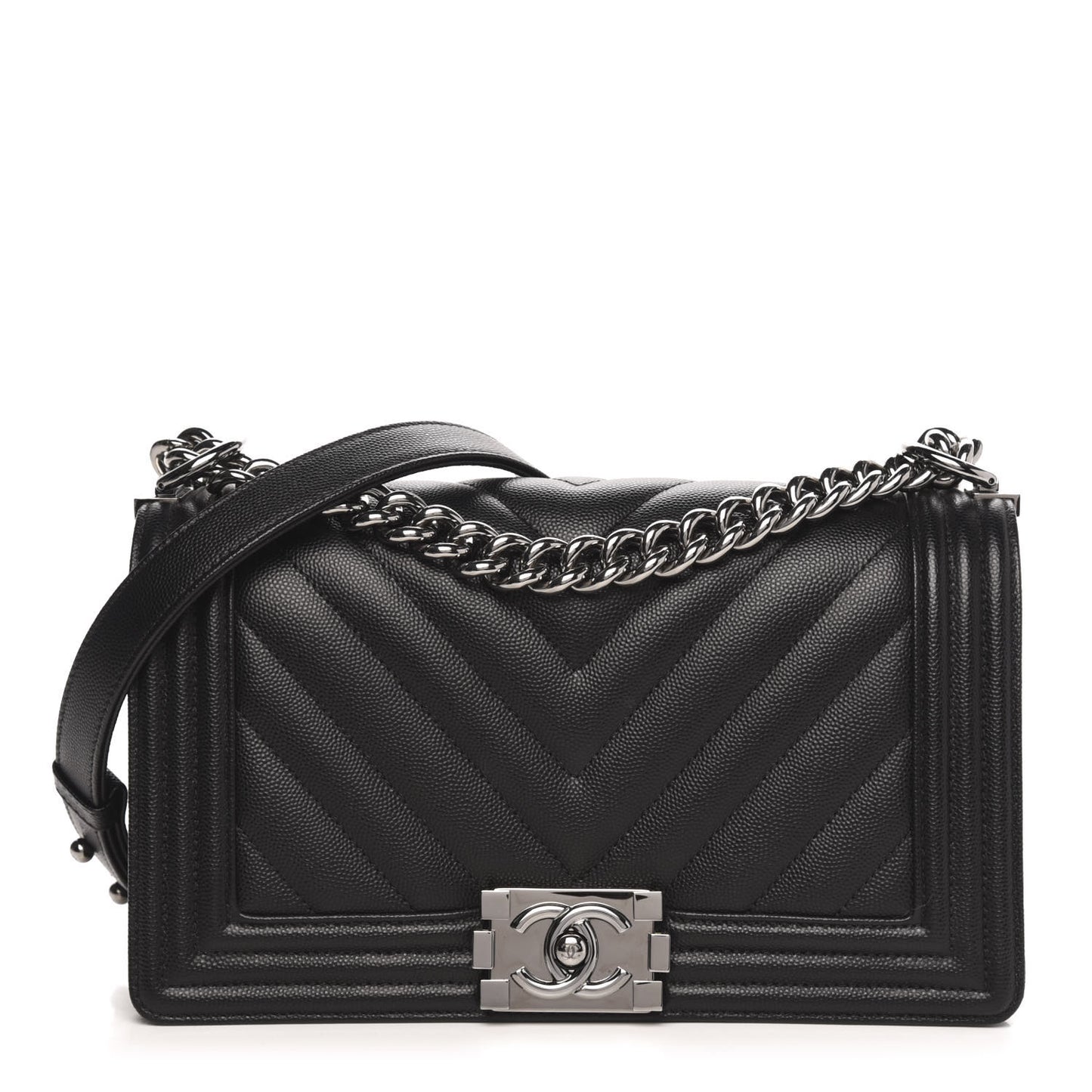 Caviar Chevron Quilted Medium Boy Flap Black