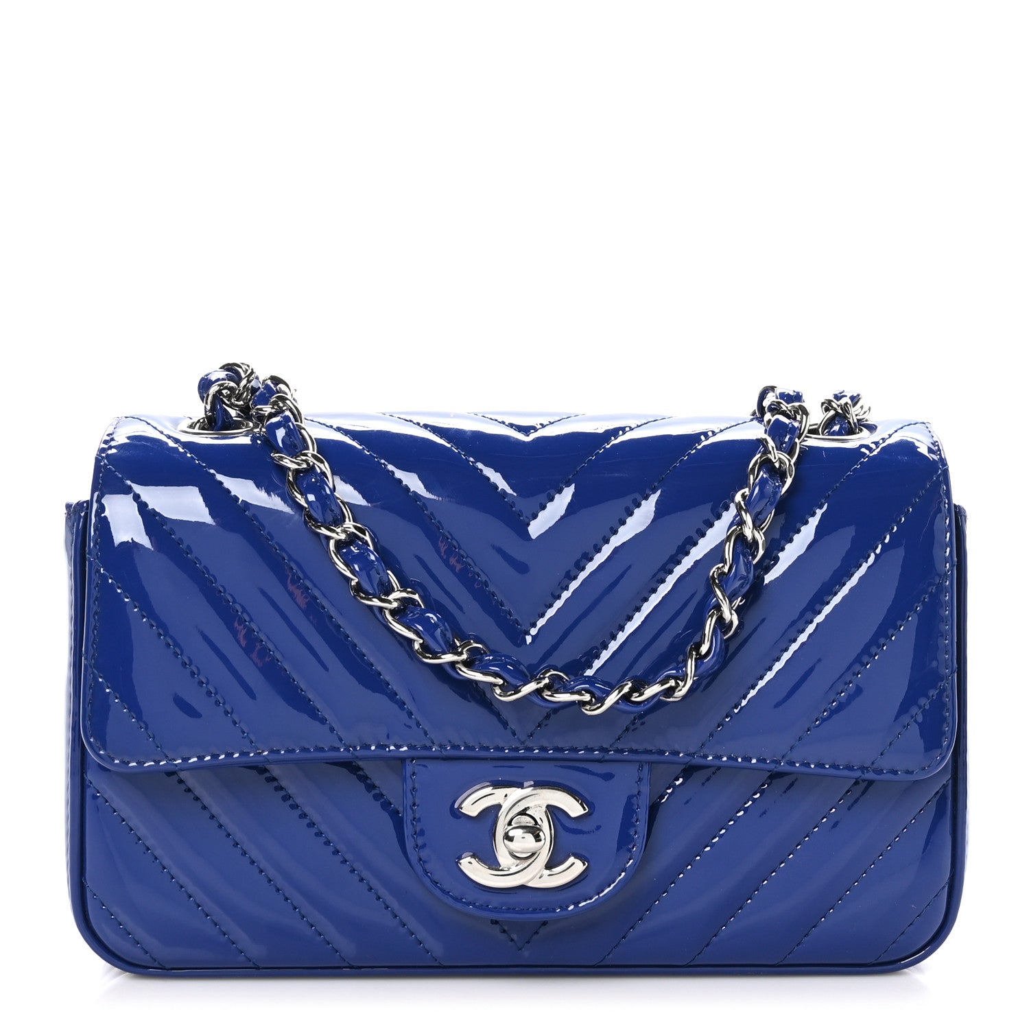 Chanel Patent Calfskin Chevron Quilted Mini Rectangular Flap Blue 1 of 10