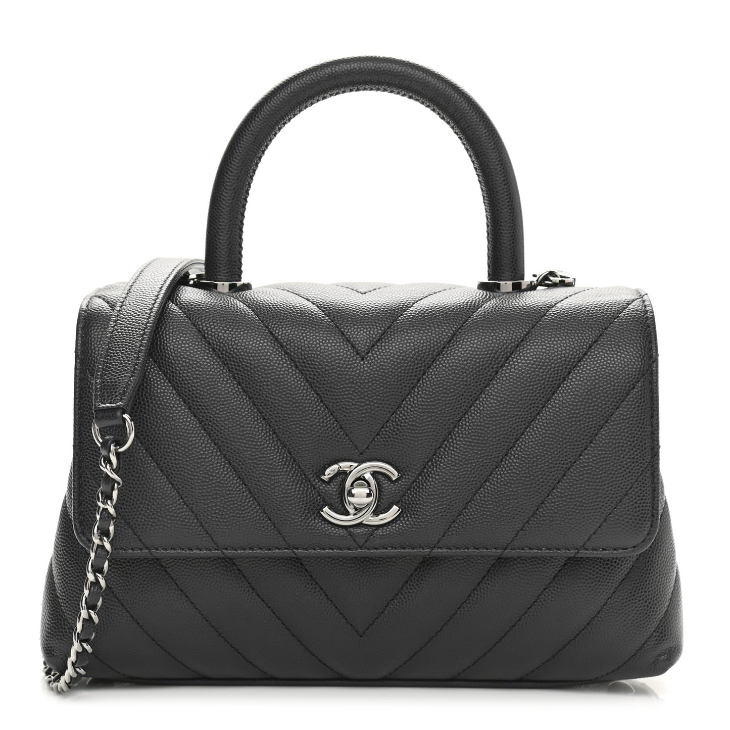 Caviar Chevron Quilted Mini Coco Handle Flap Dark Grey