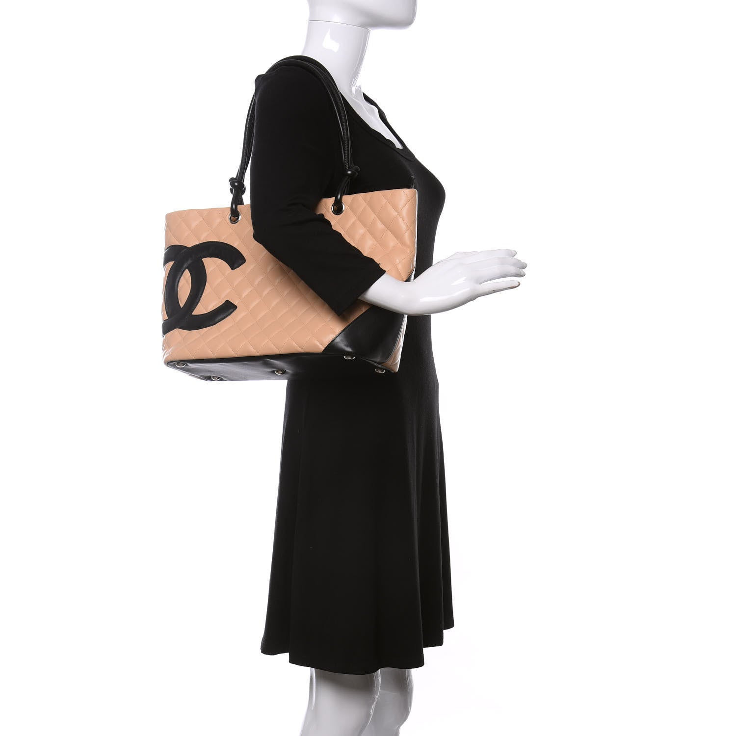 Chanel Calfskin Quilted Large Cambon Tote Beige Black 2 of 12