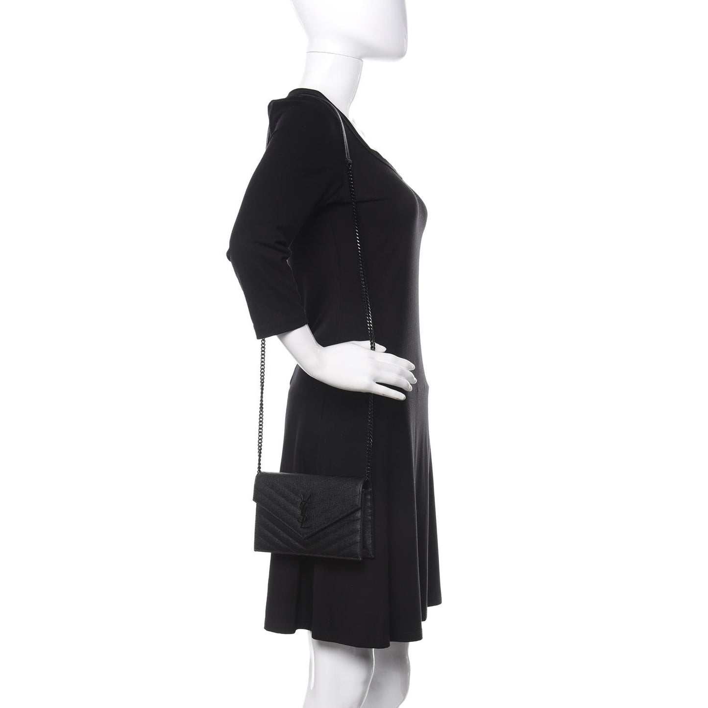Grain De Poudre Matelasse Chevron Monogram Envelope Chain Wallet Black